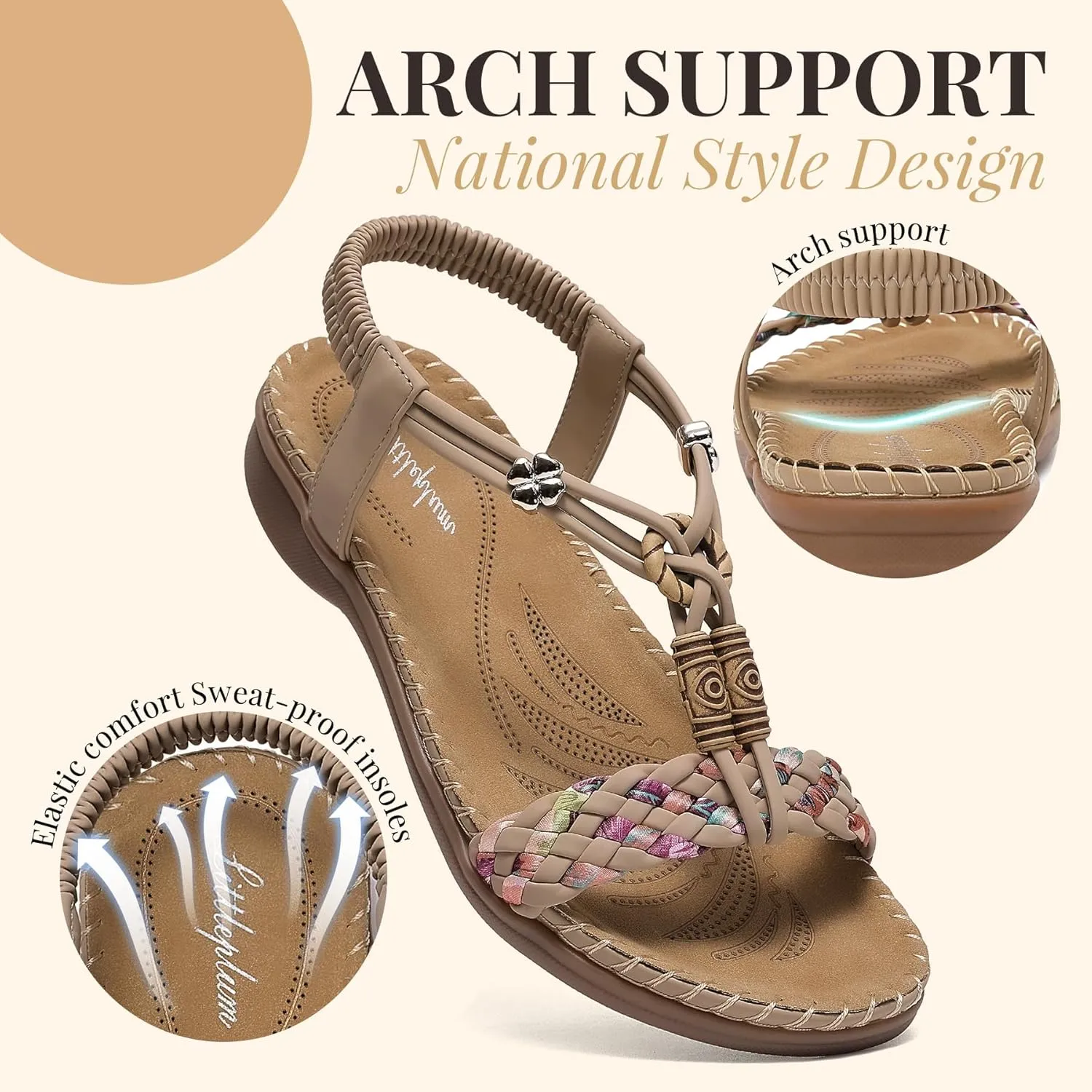Littleplum Women Sandals Arch Support Handmade Bohemian Braided Flat Sandals Comfort Walking Beach Ankle Elastic Summer Shoes