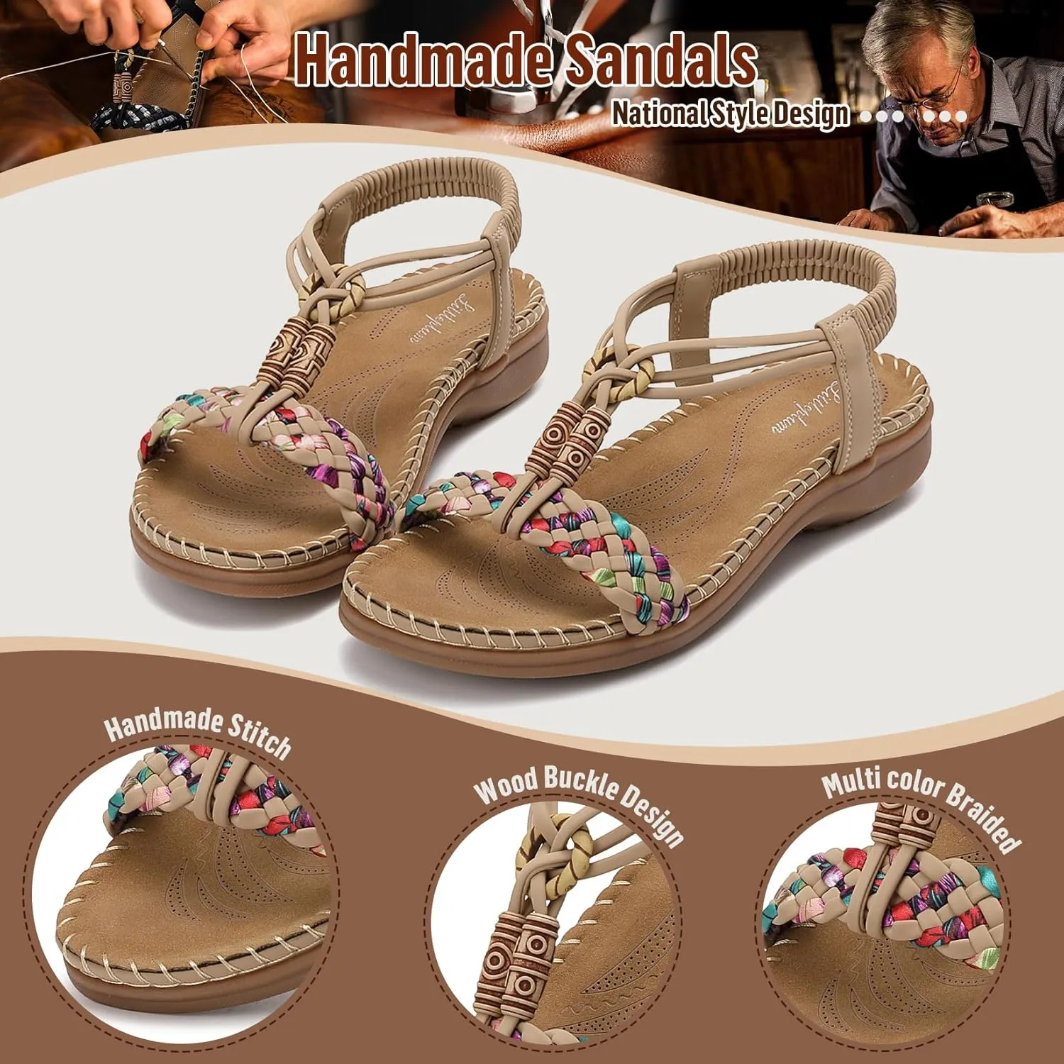 Littleplum Women Sandals Arch Support Handmade Bohemian Braided Flat Sandals Comfort Walking Beach Ankle Elastic Summer Shoes