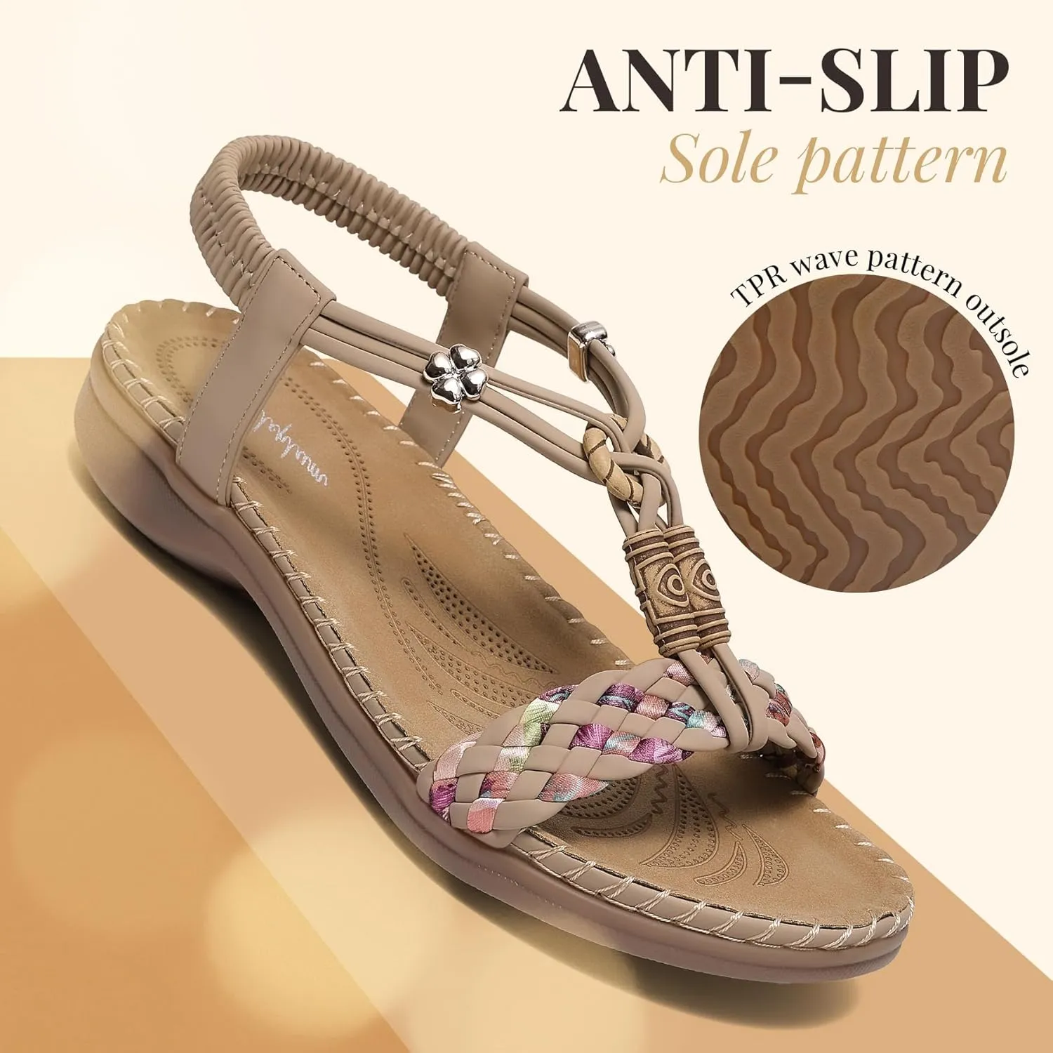 Littleplum Women Sandals Arch Support Handmade Bohemian Braided Flat Sandals Comfort Walking Beach Ankle Elastic Summer Shoes