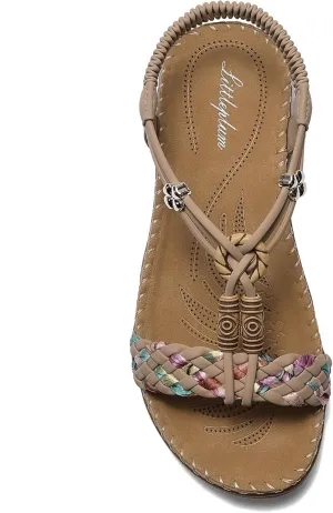 Littleplum Women Sandals Arch Support Handmade Bohemian Braided Flat Sandals Comfort Walking Beach Ankle Elastic Summer Shoes
