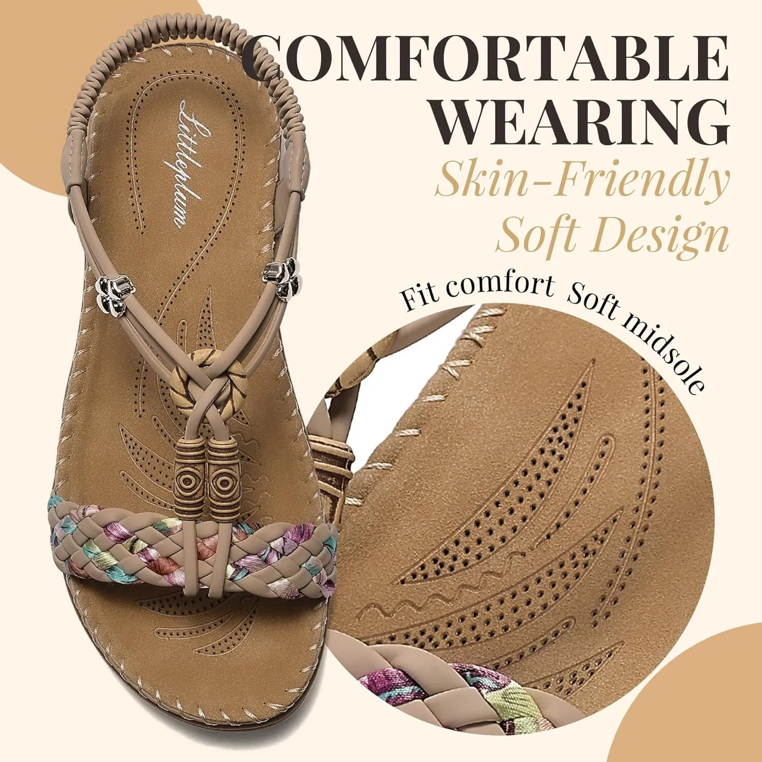 Littleplum Women Sandals Arch Support Handmade Bohemian Braided Flat Sandals Comfort Walking Beach Ankle Elastic Summer Shoes