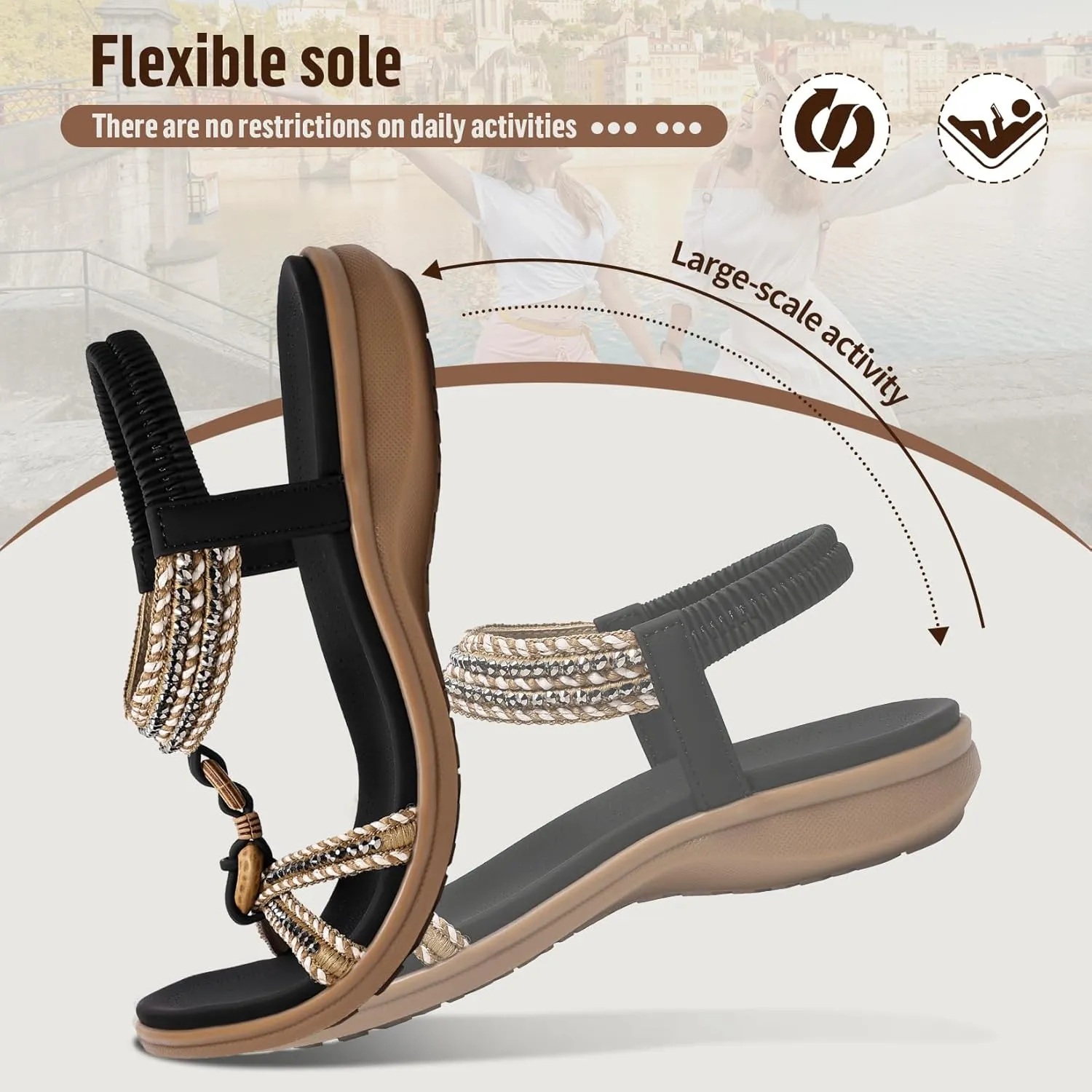 Littleplum Women Sandals Comfortable Braided Summer Flat Slides Arch Support Beach Dressy Sandals Ankle Elastic Shoes