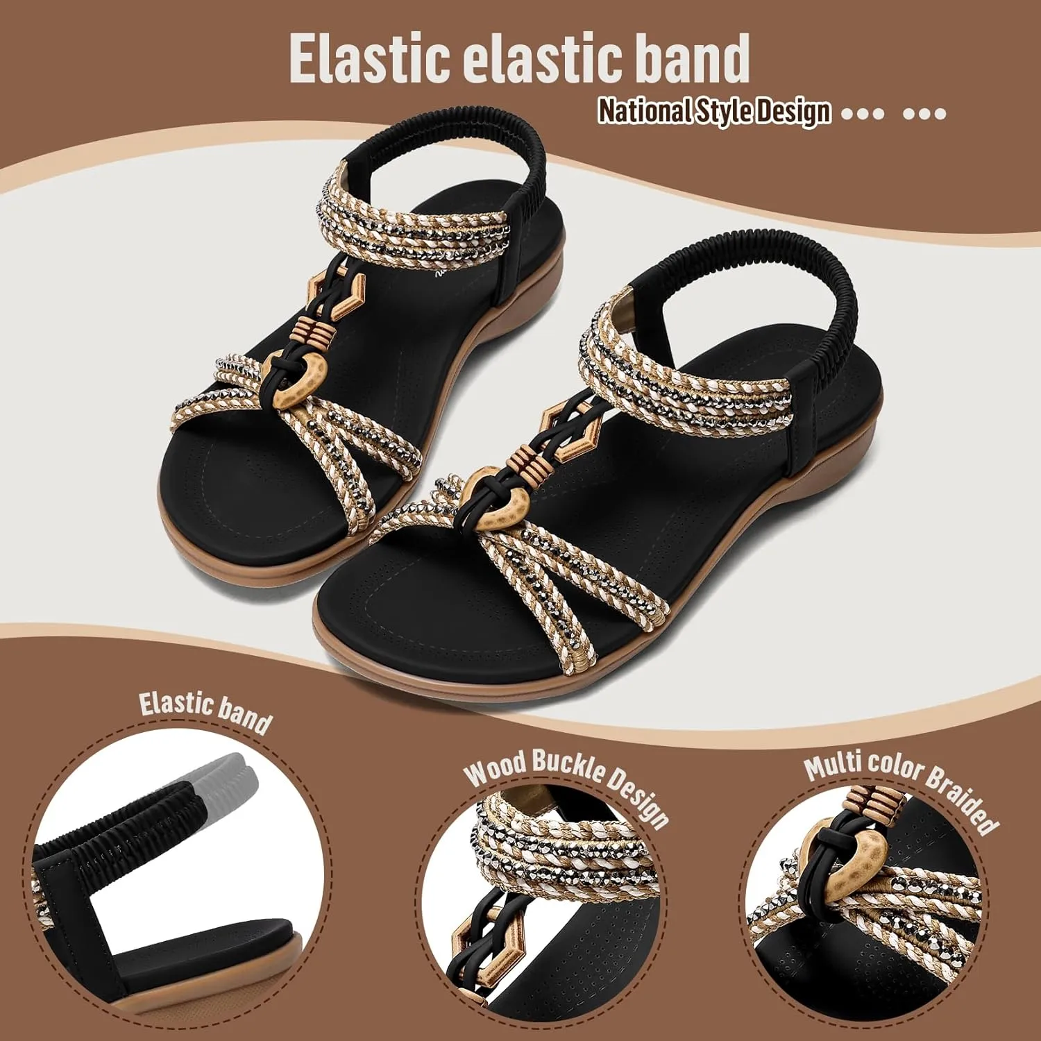 Littleplum Women Sandals Comfortable Braided Summer Flat Slides Arch Support Beach Dressy Sandals Ankle Elastic Shoes