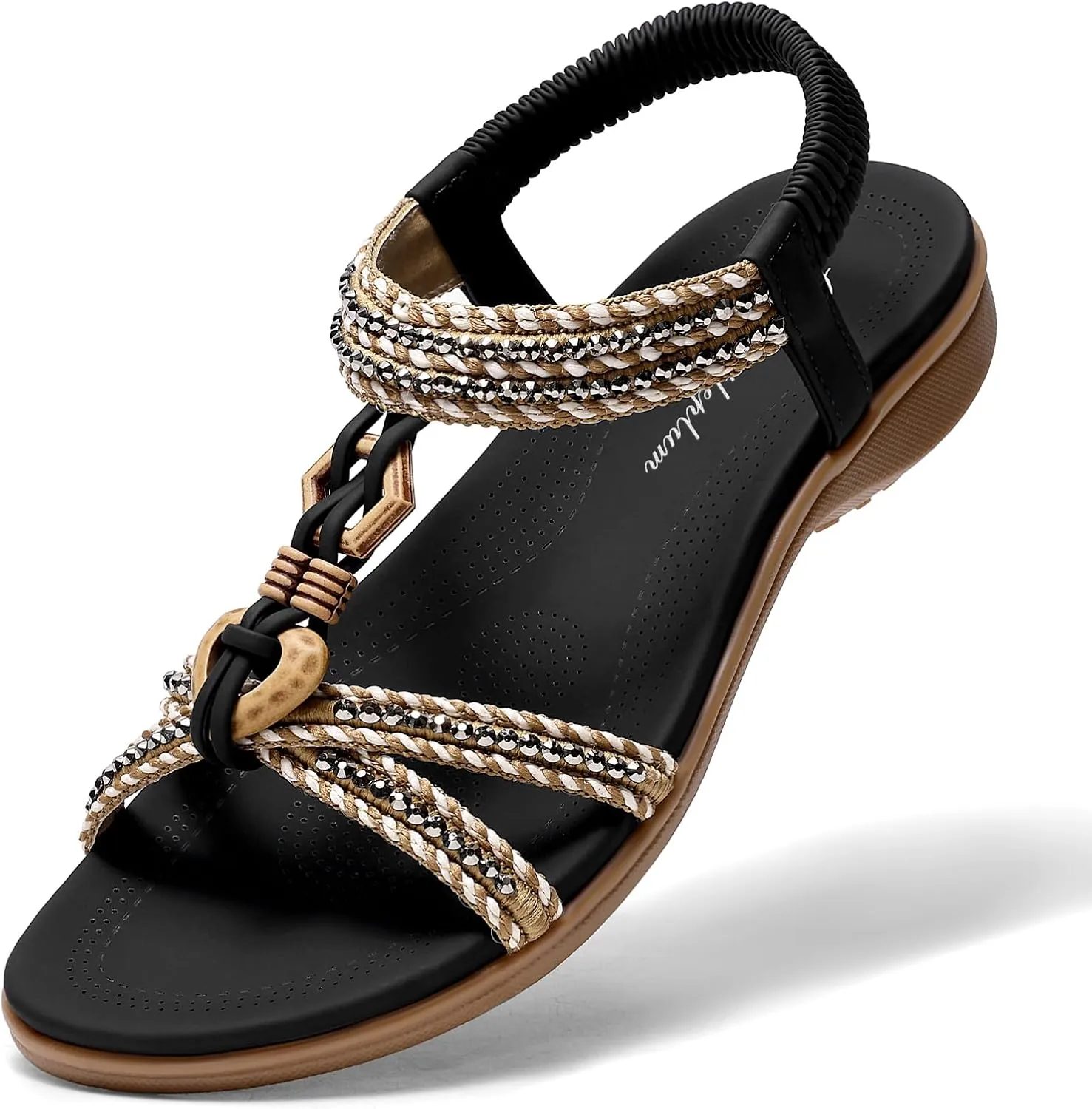 Littleplum Women Sandals Comfortable Braided Summer Flat Slides Arch Support Beach Dressy Sandals Ankle Elastic Shoes