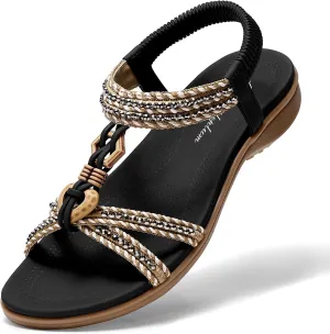 Littleplum Women Sandals Comfortable Braided Summer Flat Slides Arch Support Beach Dressy Sandals Ankle Elastic Shoes
