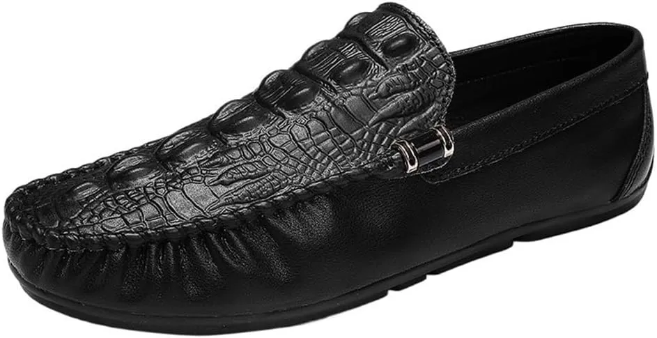 Loafers for Men Round Toe Solid Color Crocodile Print Lightweight Flexible Comfortable Casual Non-Slip Low Heel Work Shoes