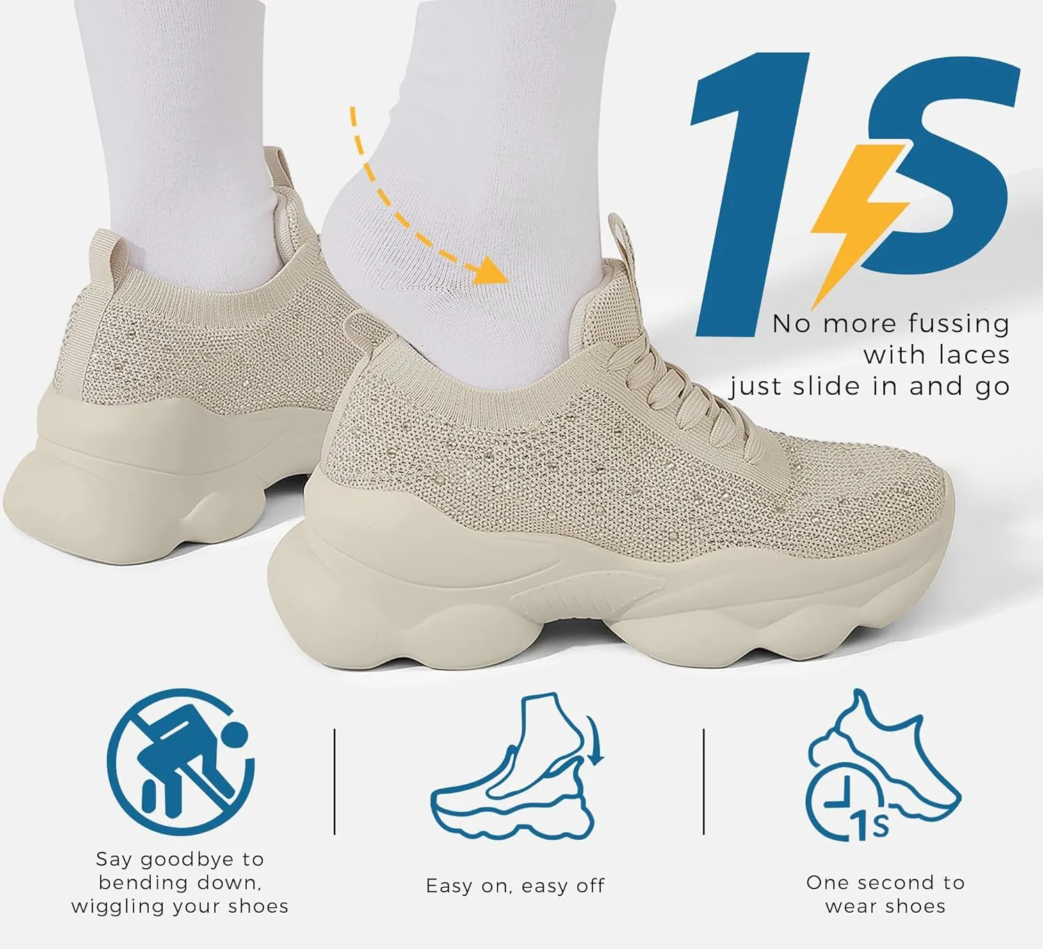 LUCKY STEP Women's Chunky Rhinestone Sneaker Sparkly Bling Bedazzled Mesh Slip on Elastic Sock Glitter Shiny Rave Walking Shoes