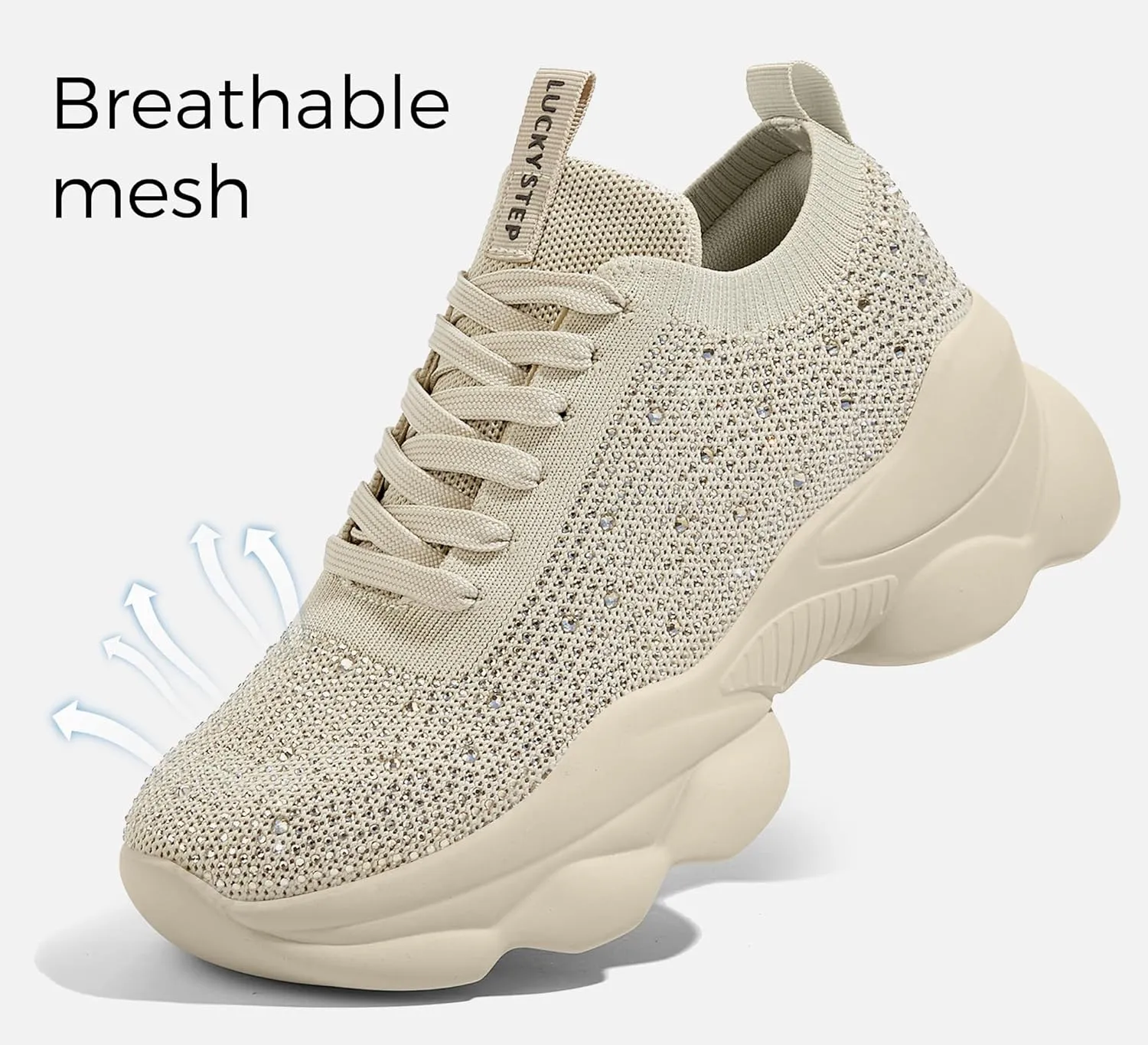 LUCKY STEP Women's Chunky Rhinestone Sneaker Sparkly Bling Bedazzled Mesh Slip on Elastic Sock Glitter Shiny Rave Walking Shoes