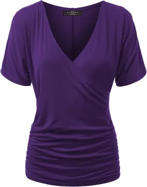 Made By Johnny Women's V Neck Short Sleeve Wrap Front Drape Dolman Tunic Top