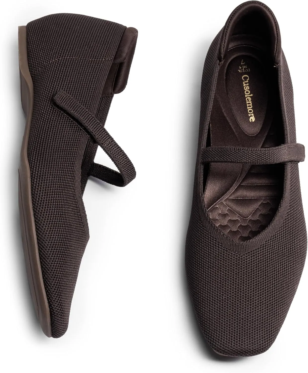 Mary Jane Flat Shoes for Women with Arch Support and Concealed Low Wedge Heel, Comfortable Women Square Toe Ballet Flats Knit Dress Shoes