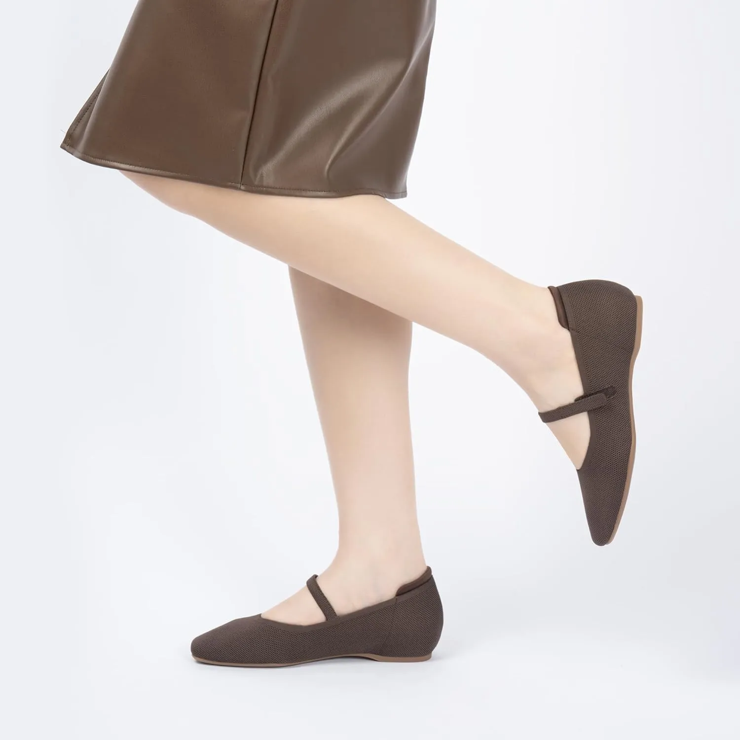 Mary Jane Flat Shoes for Women with Arch Support and Concealed Low Wedge Heel, Comfortable Women Square Toe Ballet Flats Knit Dress Shoes