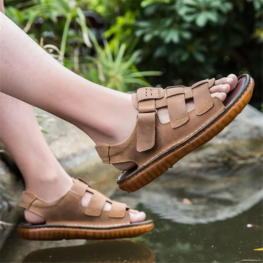 Men Sandals Slippers Genuine Leather Cowhide Male Shoes Outdoor Casual Sandals Beach Shoes(D,46 Code)