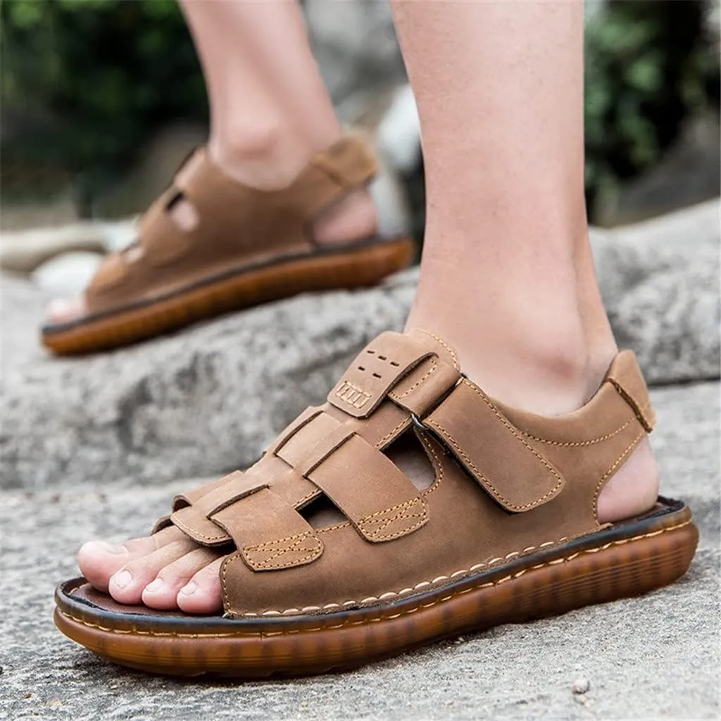 Men Sandals Slippers Genuine Leather Cowhide Male Shoes Outdoor Casual Sandals Beach Shoes(D,46 Code)