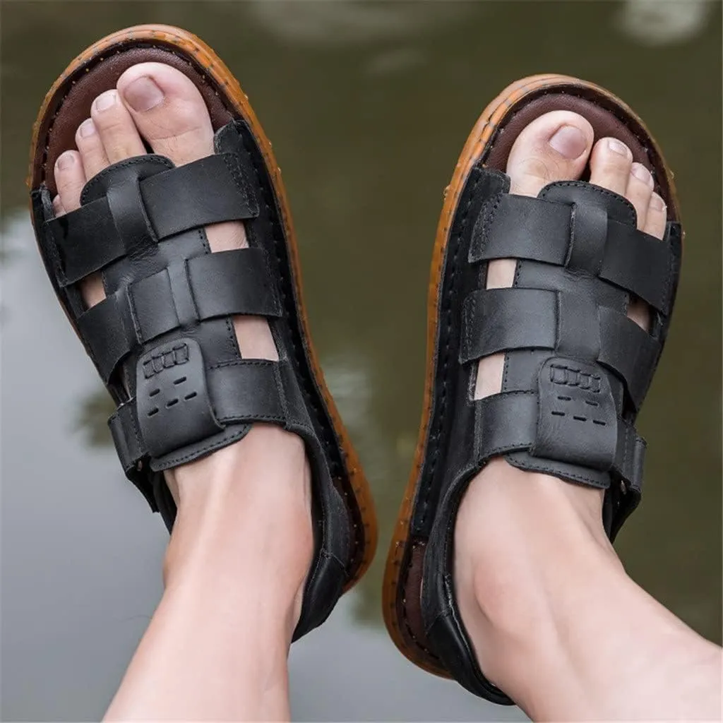 Men Sandals Slippers Genuine Leather Cowhide Male Shoes Outdoor Casual Sandals Beach Shoes(D,46 Code)