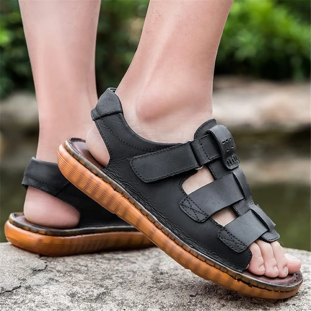 Men Sandals Slippers Genuine Leather Cowhide Male Shoes Outdoor Casual Sandals Beach Shoes(D,46 Code)
