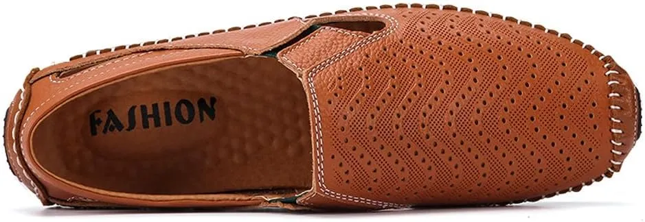 Men's Breathable Summer Genuine Leather Sandal Perforated Casual Walking Driving Flats Shoes