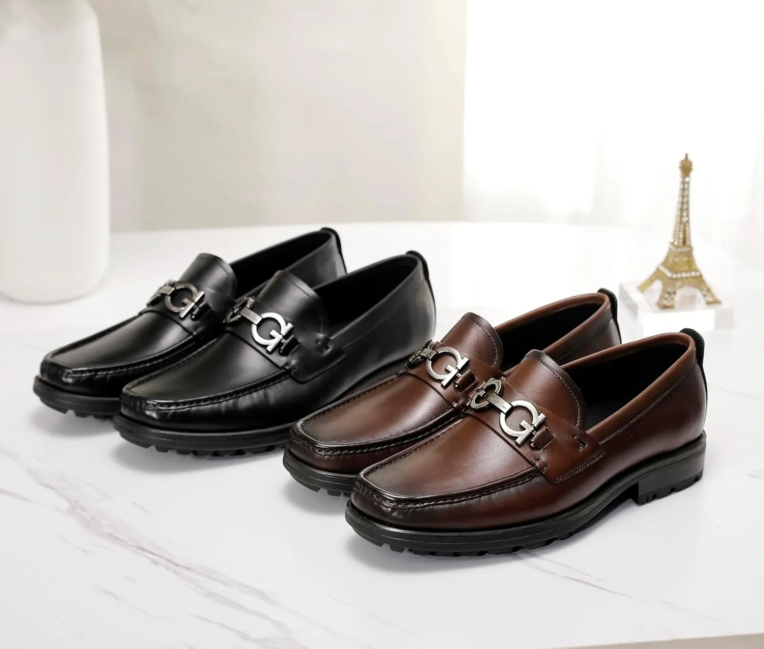 Mens Classic Leather Dress Shoes, Fashion Buckle Slip-on Penny Loafer Party Shoes Wedding Loafers for Mens