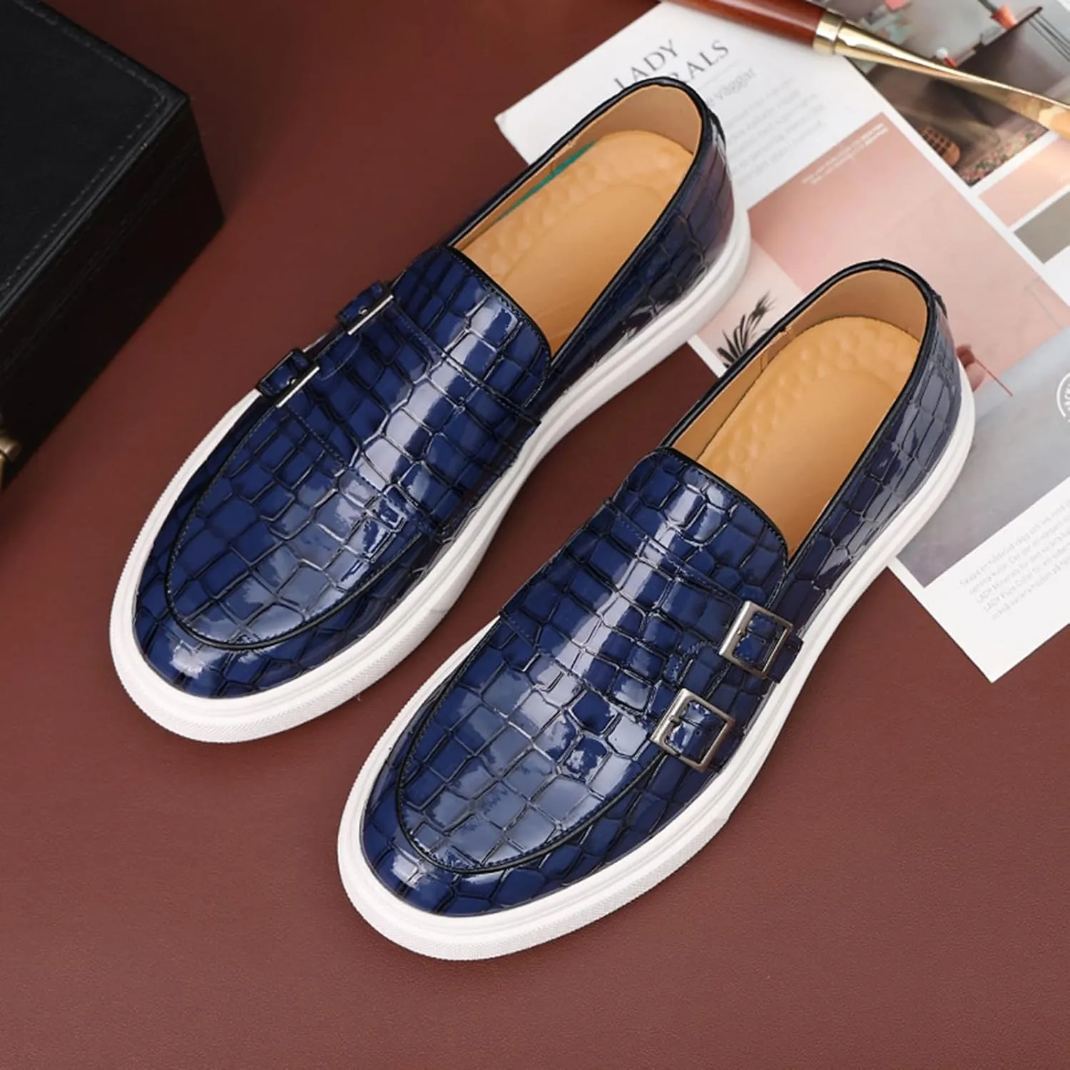 Men's Crocodile Print Double Monk Strap Slip-on Loafers Fashion Patent Leather Classic Oxford Dress Business Shoes Rointed Toe Comfort Sneakers