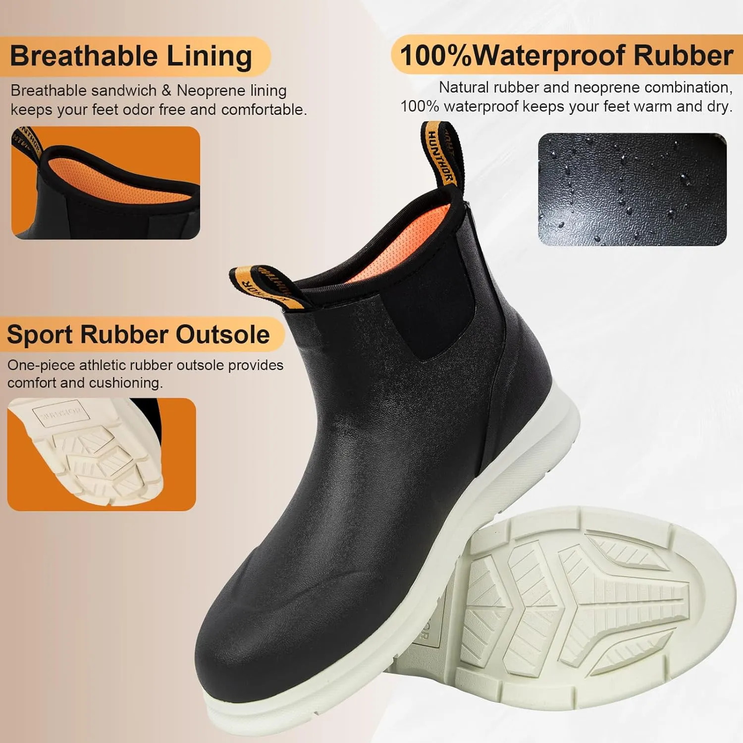 Men's Deck Boots, Lightweight Waterproof Fishing Rain Boots, Anti-Slip Rubber Shoes with Breathable 3mm Neoprene Lining Fishing, Boating, Size 7-14