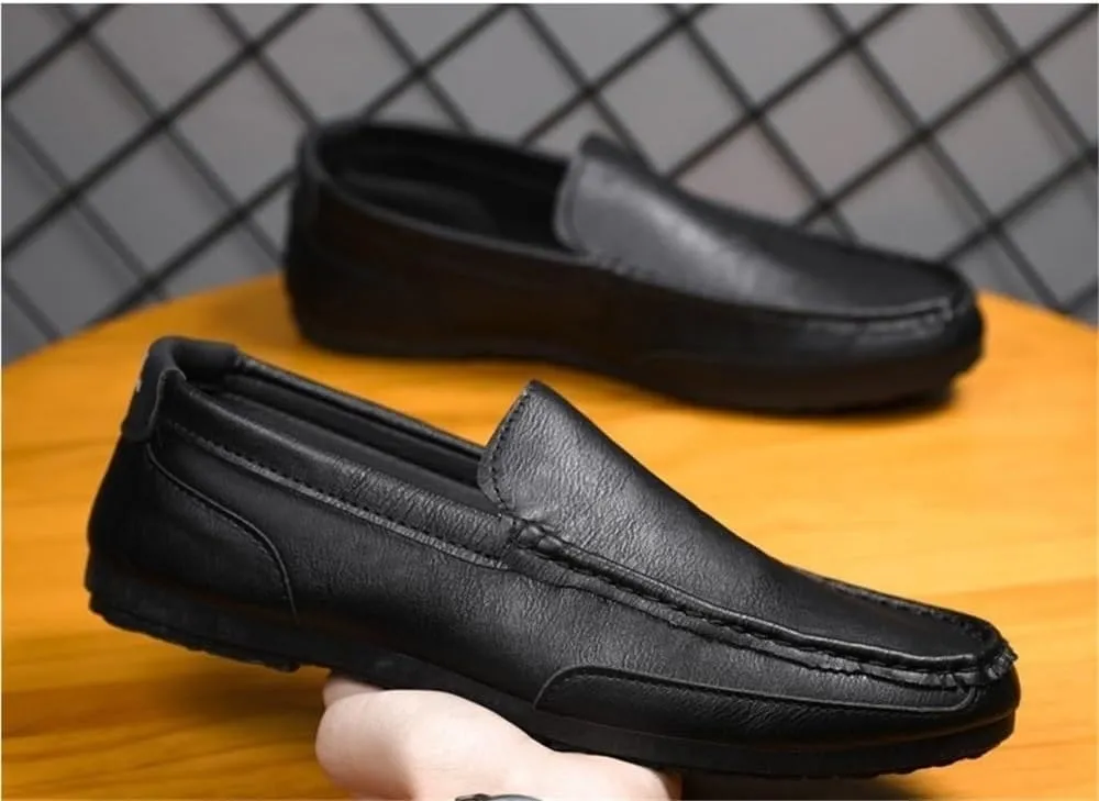 Mens Flat Heel Loafers Shoe Round Toe Vegan Leather Flexible Lightweight Party Outdoor Slip On