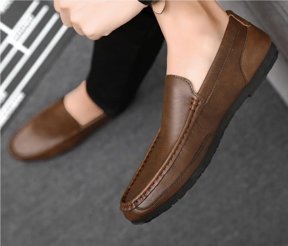 Mens Flat Heel Loafers Shoe Round Toe Vegan Leather Flexible Lightweight Party Outdoor Slip On