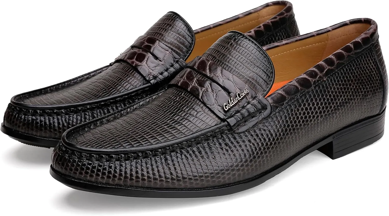 Mens Genuine Dress Shoes, Premium Crocodile Print Leather Slip-on Casual Shoes Penny Loafers for Mens, Black