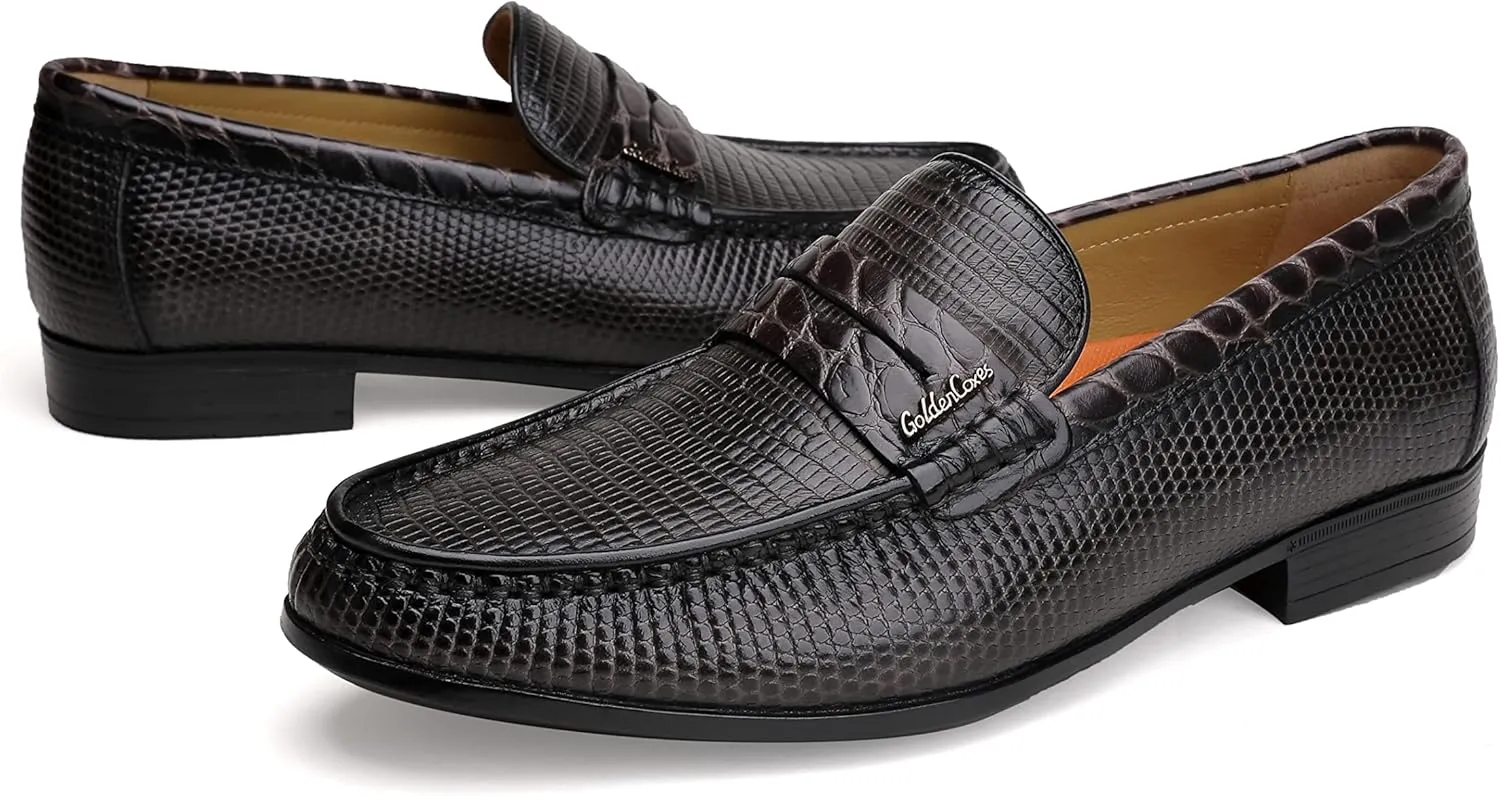Mens Genuine Dress Shoes, Premium Crocodile Print Leather Slip-on Casual Shoes Penny Loafers for Mens, Black