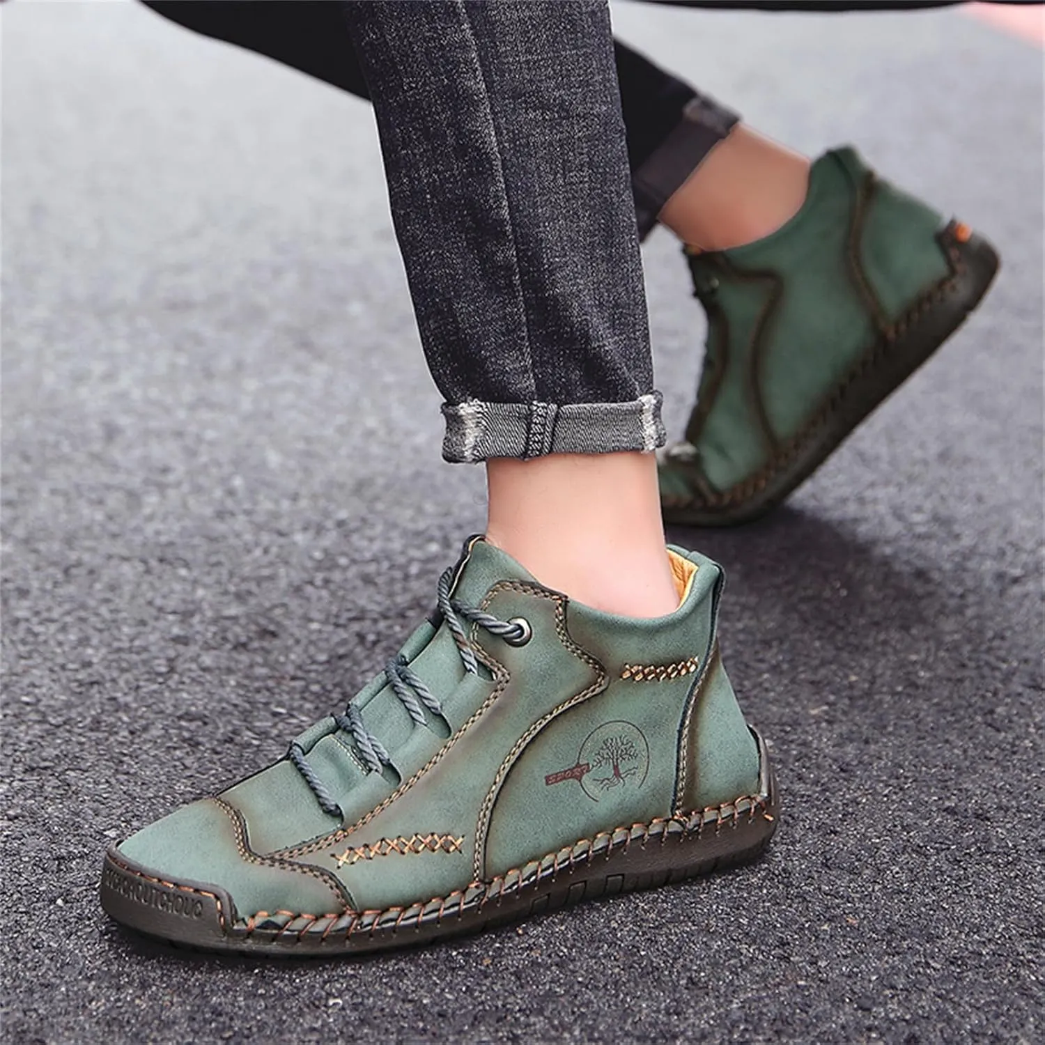 Mens Hand Stitching Leather Lace Up Ankle Boots Casual Vintage Non Slip Flats Arch Support Loafers for Hiking Walking Driving Chukka Boots