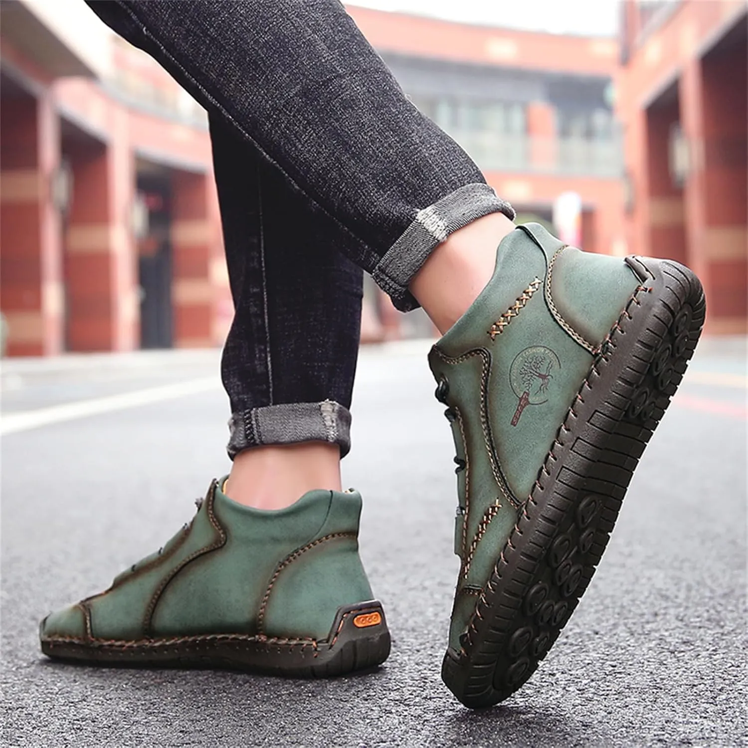 Mens Hand Stitching Leather Lace Up Ankle Boots Casual Vintage Non Slip Flats Arch Support Loafers for Hiking Walking Driving Chukka Boots