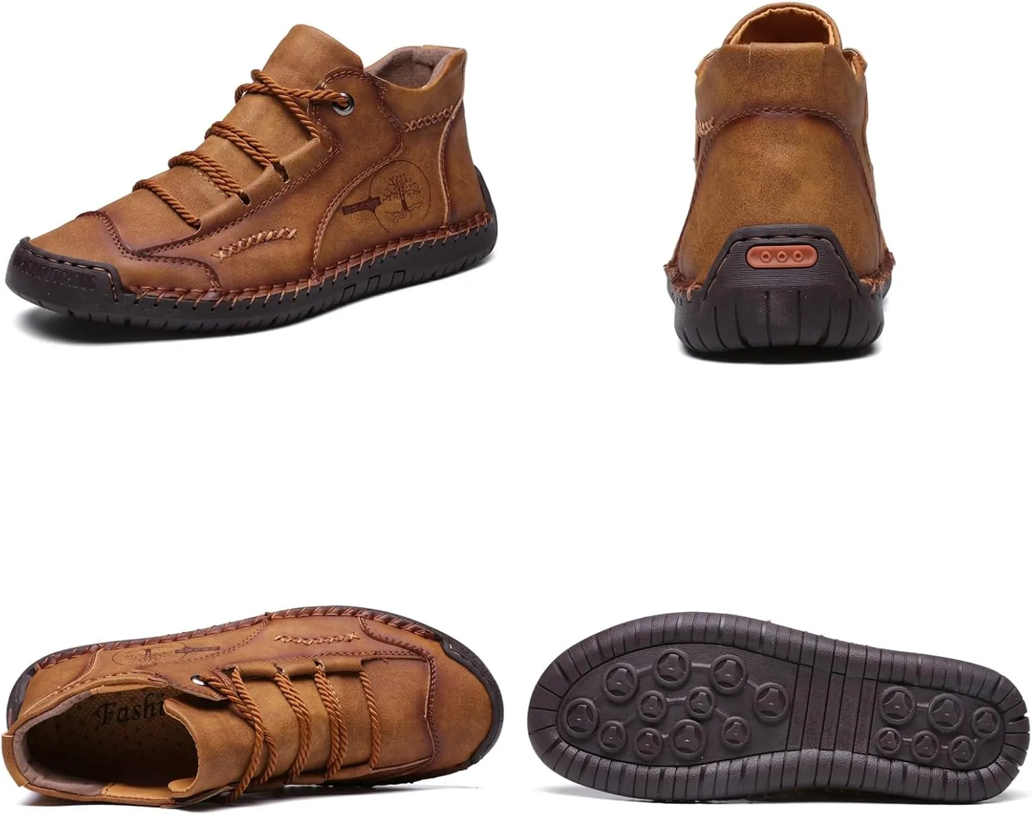 Mens Hand Stitching Leather Lace Up Ankle Boots Casual Vintage Non Slip Flats Arch Support Loafers for Hiking Walking Driving Chukka Boots