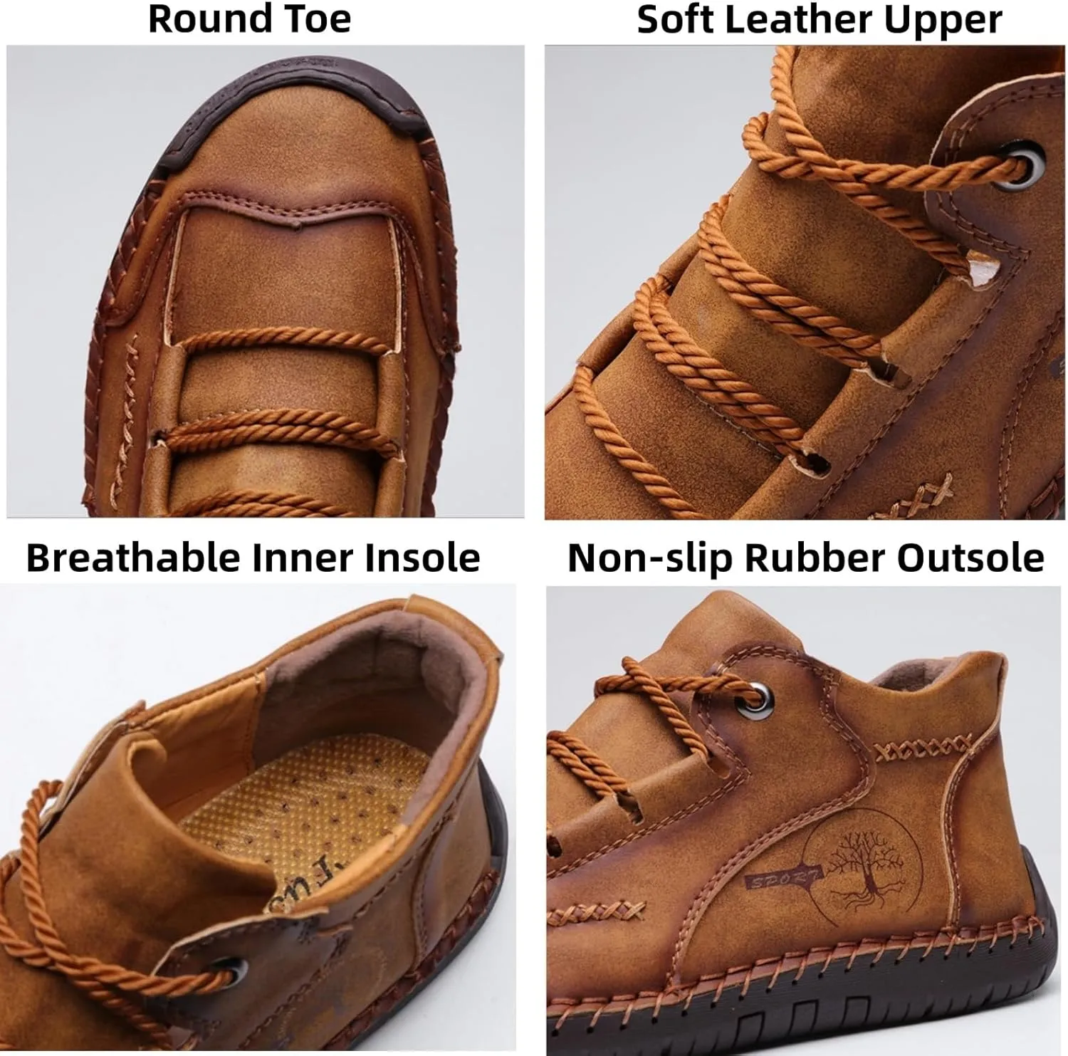Mens Hand Stitching Leather Lace Up Ankle Boots Casual Vintage Non Slip Flats Arch Support Loafers for Hiking Walking Driving Chukka Boots