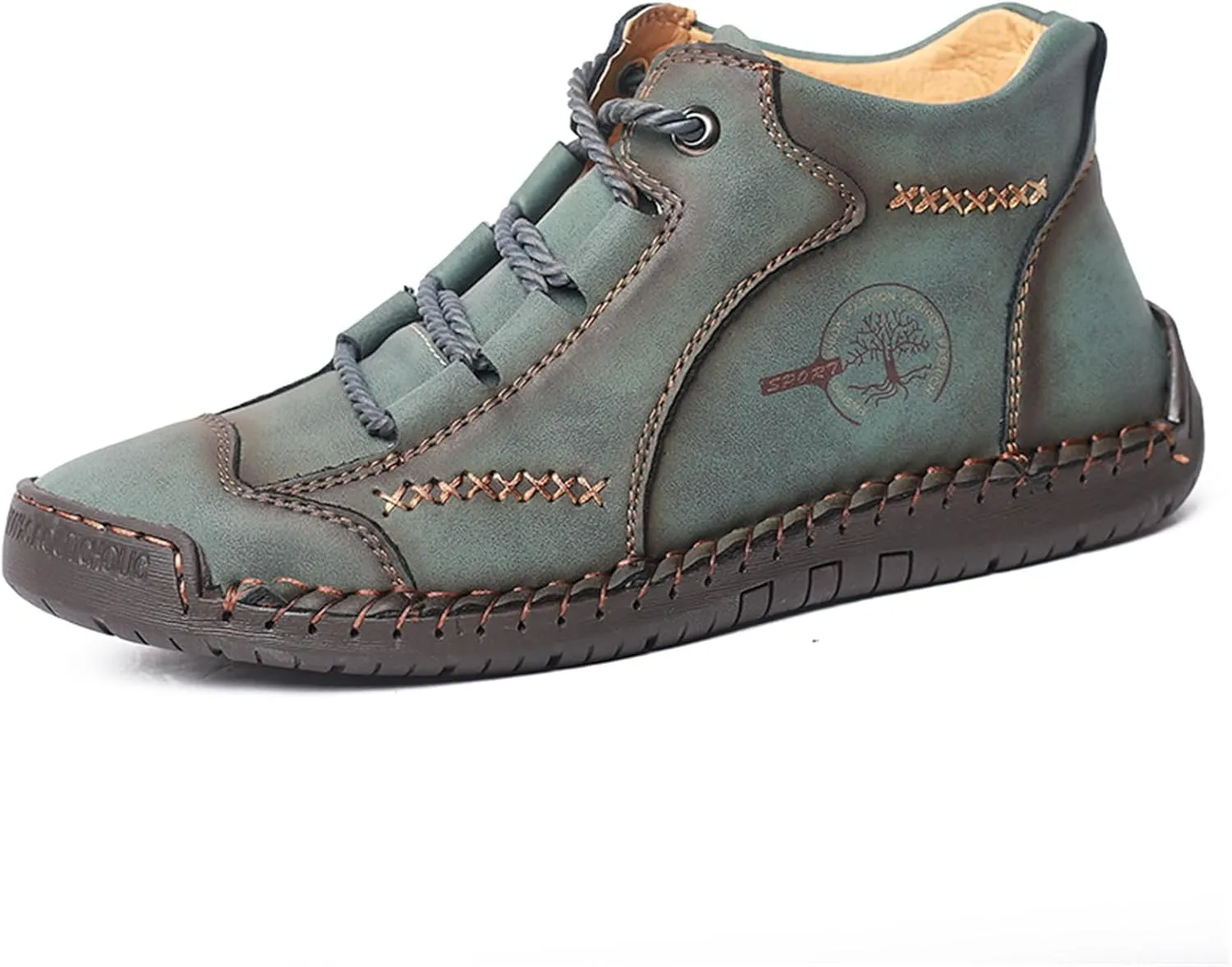 Mens Hand Stitching Leather Lace Up Ankle Boots Casual Vintage Non Slip Flats Arch Support Loafers for Hiking Walking Driving Chukka Boots