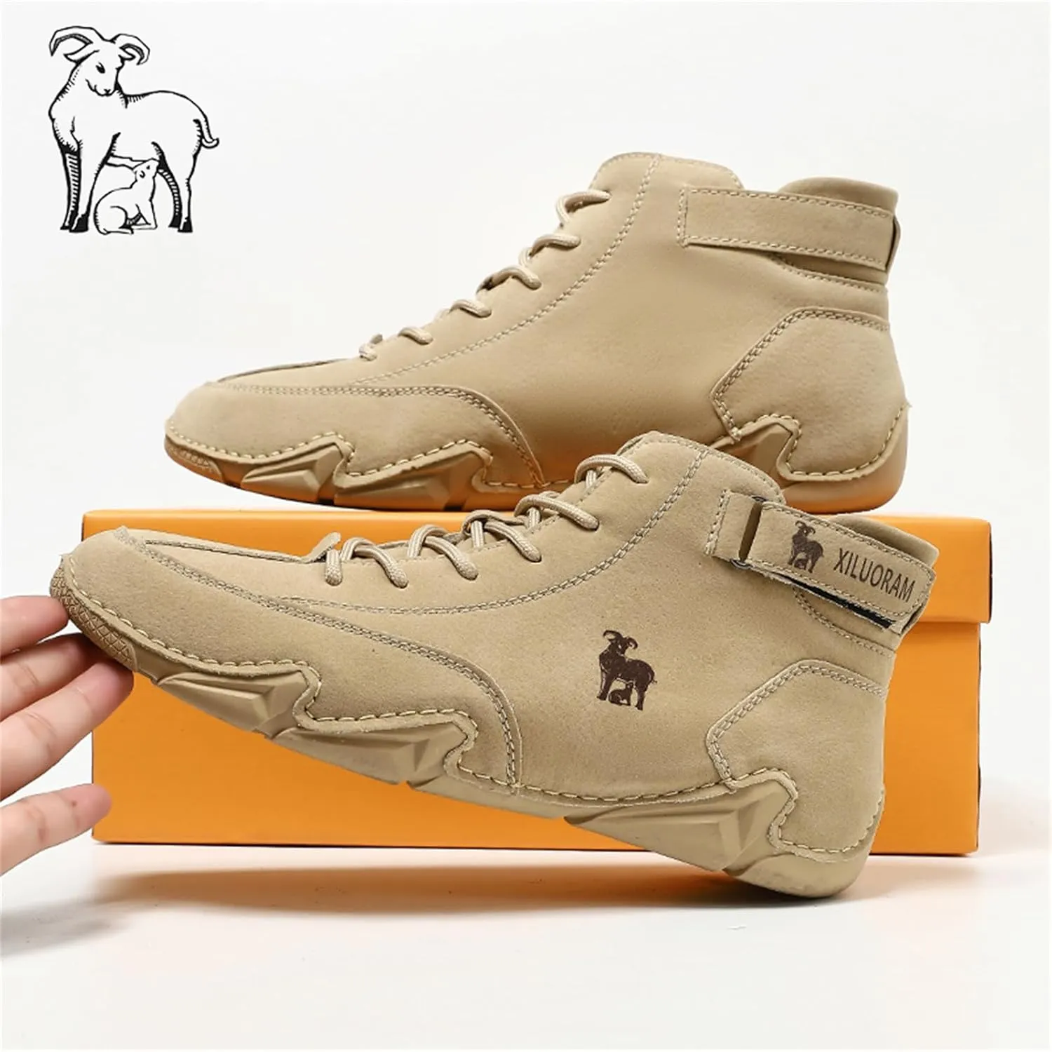 Men‘s Handmade High Top Leather Ankle Chukka Boots with Adjustable Strap Casual Non Slip Round Toe Slip On Boat Walking Driving Shoes