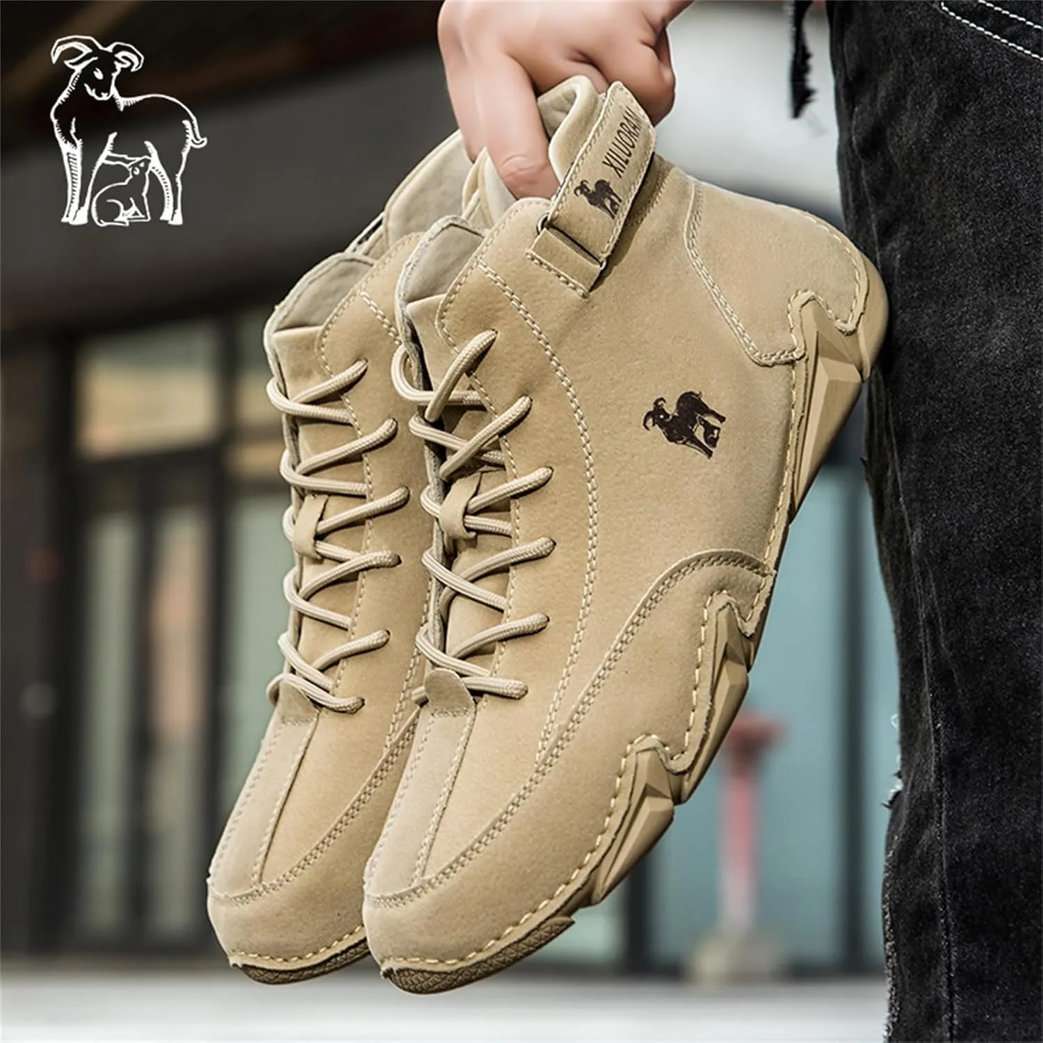 Men‘s Handmade High Top Leather Ankle Chukka Boots with Adjustable Strap Casual Non Slip Round Toe Slip On Boat Walking Driving Shoes