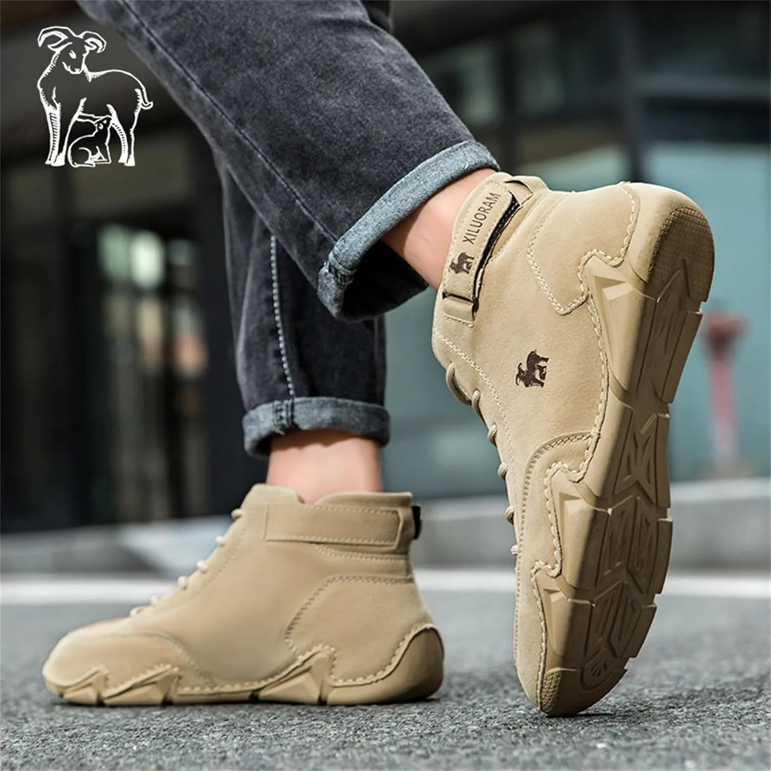Men‘s Handmade High Top Leather Ankle Chukka Boots with Adjustable Strap Casual Non Slip Round Toe Slip On Boat Walking Driving Shoes