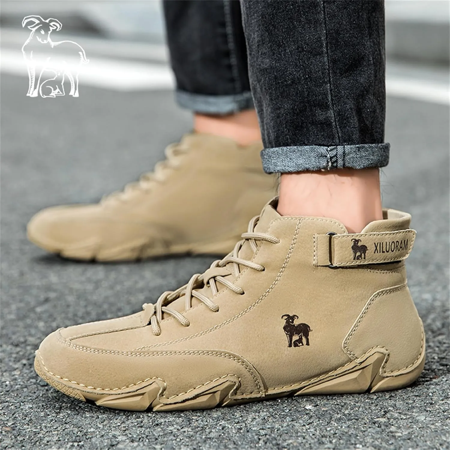 Men‘s Handmade High Top Leather Ankle Chukka Boots with Adjustable Strap Casual Non Slip Round Toe Slip On Boat Walking Driving Shoes