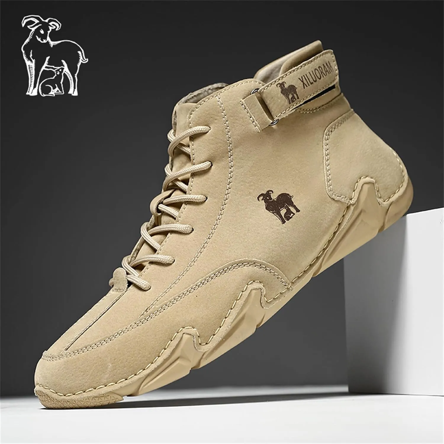 Men‘s Handmade High Top Leather Ankle Chukka Boots with Adjustable Strap Casual Non Slip Round Toe Slip On Boat Walking Driving Shoes