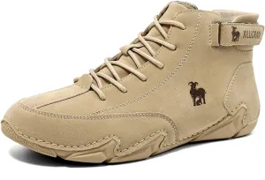 Men‘s Handmade High Top Leather Ankle Chukka Boots with Adjustable Strap Casual Non Slip Round Toe Slip On Boat Walking Driving Shoes