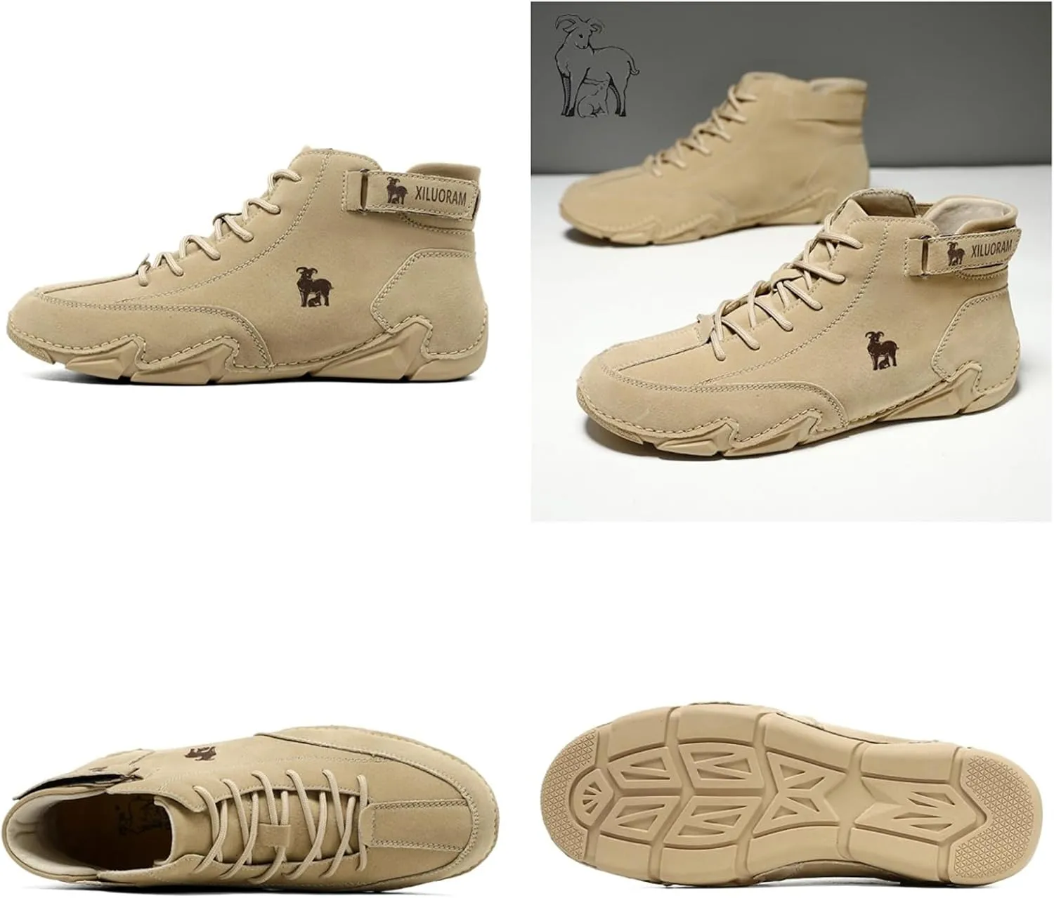 Men‘s Handmade High Top Leather Ankle Chukka Boots with Adjustable Strap Casual Non Slip Round Toe Slip On Boat Walking Driving Shoes