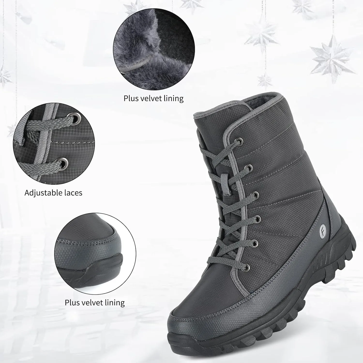 Men's Lace-up Warm and Waterproof Winter Snow Boots and Non-Slip Trekking Warm Waterproof Boots