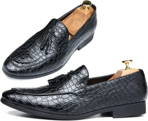 Men's Leather Driving Crocodile Printed Slip on Loafers Retro Tassel Pointed Toe Business Dress Fashion Softsole Oxford Shoes (Black,9,Men,9)