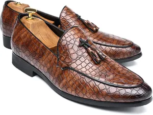 Men's Leather Driving Crocodile Printed Slip on Loafers Retro Tassel Pointed Toe Business Dress Fashion Softsole Oxford Shoes (Brown,9,Men,9)
