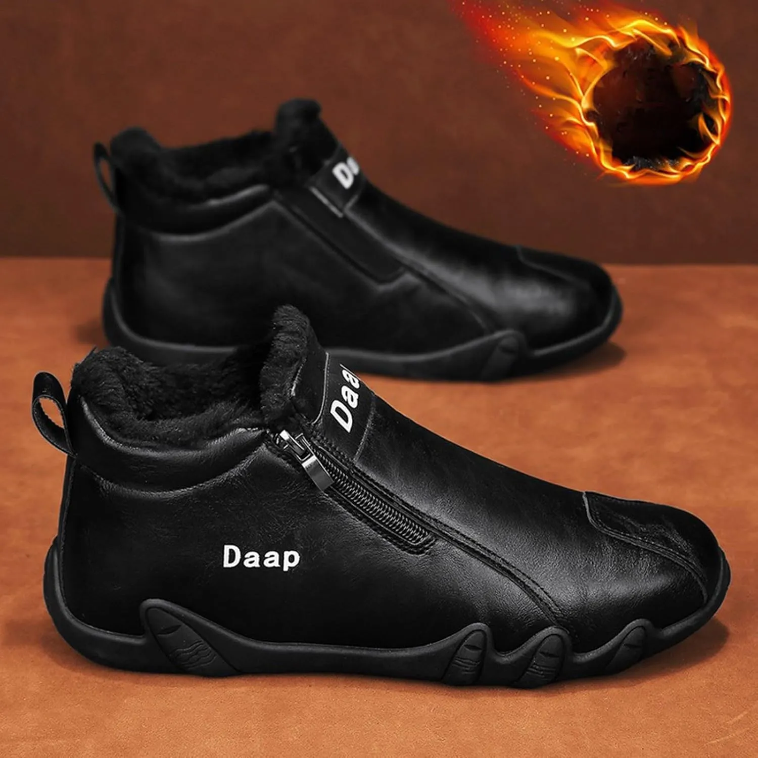 Men's Leather Furry Boots Fleece Lined Warm Winter Boots Water Proof Insulated Mens Light Weight Walking