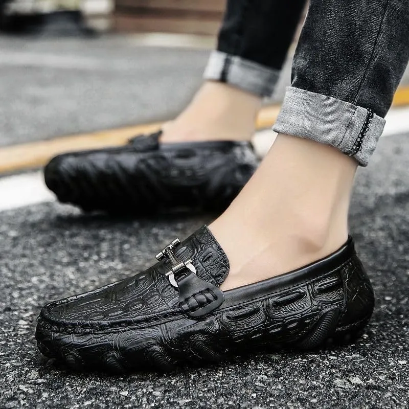 Men's Leather Loafers – Solid Color Crocodile Print, Flexible Flat Heel Lightweight Slip-On Driving Shoes for Casual Fashion