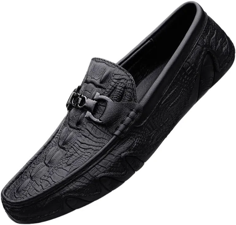 Men's Leather Loafers – Solid Color Crocodile Print, Flexible Flat Heel Lightweight Slip-On Driving Shoes for Casual Fashion