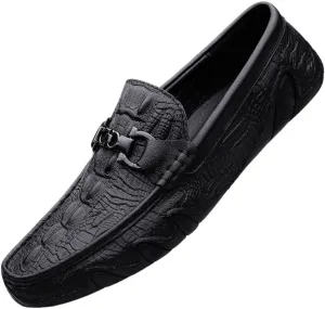 Men's Leather Loafers – Solid Color Crocodile Print, Flexible Flat Heel Lightweight Slip-On Driving Shoes for Casual Fashion