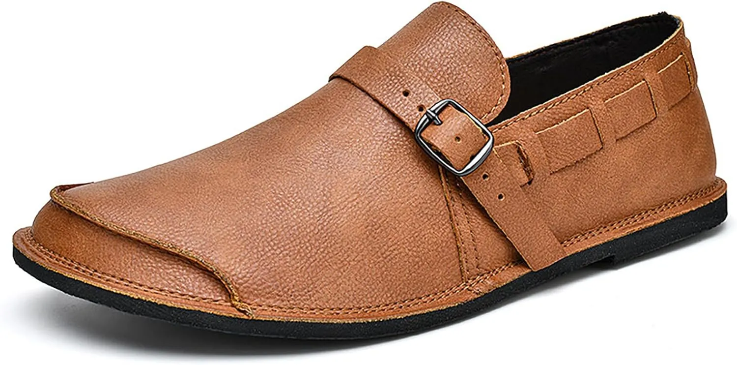 Men's Leather Slip On Flat Loafer,Casual Lightweight Soft Sole Driving Penny Shoes Adjustable Buckle Hand-Made Dress Shoes