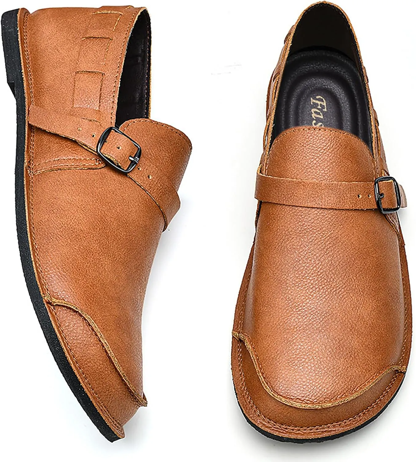 Men's Leather Slip On Flat Loafer,Casual Lightweight Soft Sole Driving Penny Shoes Adjustable Buckle Hand-Made Dress Shoes