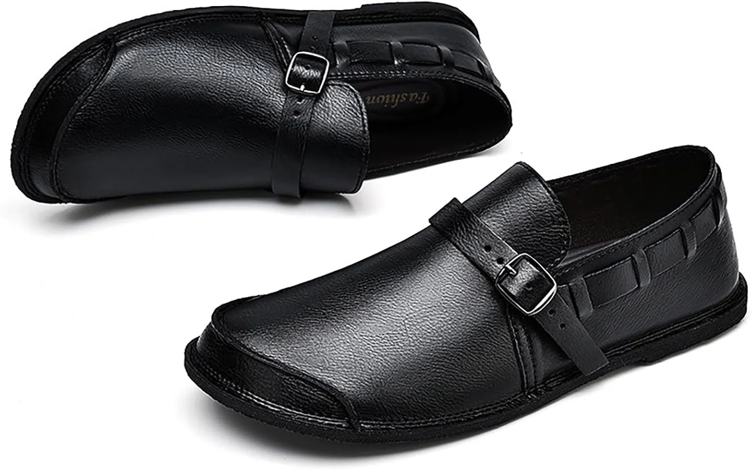 Men's Leather Slip On Flat Loafer,Casual Lightweight Soft Sole Driving Penny Shoes Adjustable Buckle Hand-Made Dress Shoes