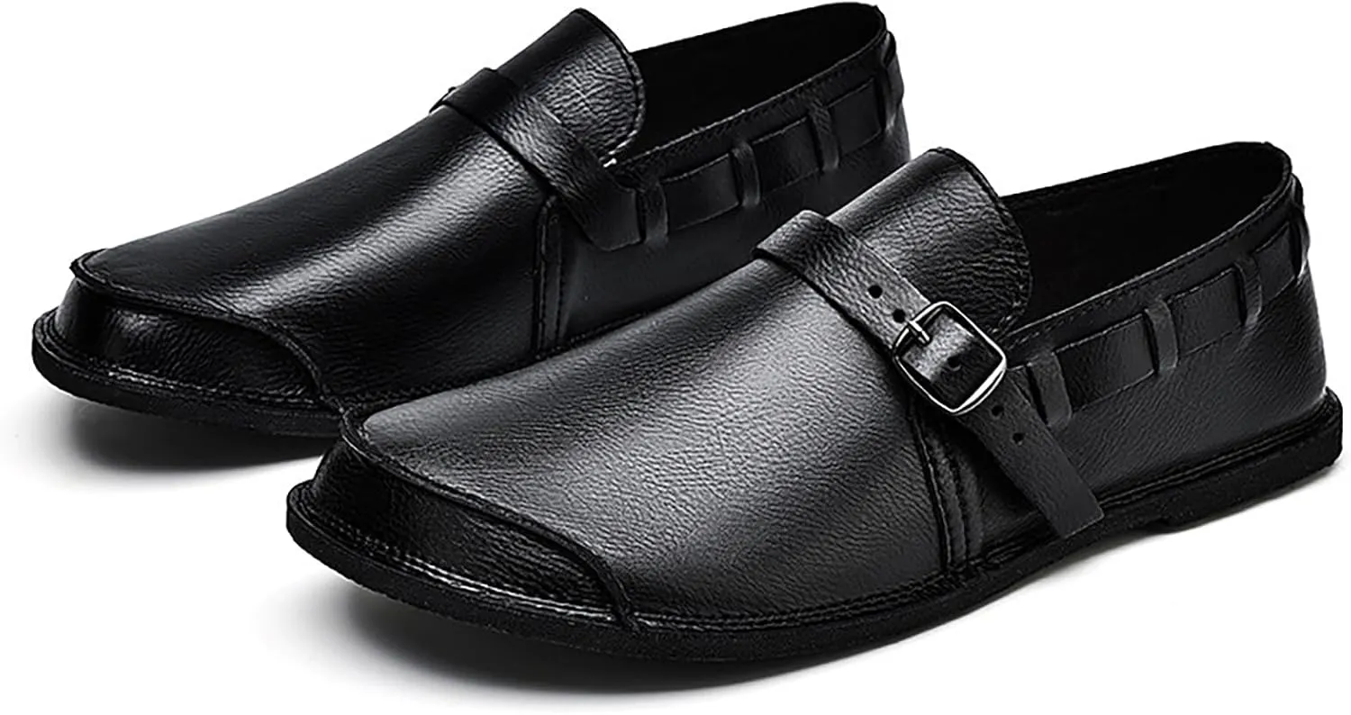Men's Leather Slip On Flat Loafer,Casual Lightweight Soft Sole Driving Penny Shoes Adjustable Buckle Hand-Made Dress Shoes